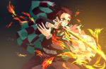  1boy 352127232 belt black_jacket black_pants brown_hair checkered checkered_haori clenched_teeth fire haori highres holding holding_sword holding_weapon jacket japanese_clothes kamado_tanjirou katana kimetsu_no_yaiba military military_jacket military_uniform pants red_eyes solo stance standing sword teeth uniform weapon white_belt 