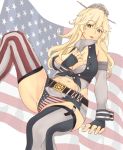 amato_jp american_flag american_flag_bikini american_flag_legwear areola_slip areolae bikini blonde_hair blue_eyes breasts fingerless_gloves flag_print front-tie_top garter_straps gloves headgear iowa_(kantai_collection) kantai_collection large_breasts miniskirt mismatched_legwear skirt star star-shaped_pupils striped striped_legwear swimsuit symbol-shaped_pupils thighhighs vertical-striped_legwear vertical-striped_skirt vertical_stripes 