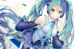  1girl aqua_eyes aqua_hair black_legwear blurry blurry_background blush breasts chromatic_aberration closed_mouth depth_of_field detached_sleeves hatsune_miku headphones long_hair looking_at_viewer medium_breasts nail_polish necktie shiomizu_(swat) skirt sleeveless smile solo standing thighhighs twintails very_long_hair vocaloid zettai_ryouiki 