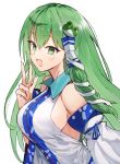  1girl :d bangs bare_shoulders breasts commentary detached_sleeves eyebrows_visible_through_hair frog_hair_ornament green_eyes green_hair hair_between_eyes hair_ornament hair_tubes hand_up highres kasuka_(kusuki) kochiya_sanae large_breasts long_hair long_sleeves looking_at_viewer open_mouth shirt sideboob sidelocks simple_background smile snake_hair_ornament solo touhou upper_body w white_background white_shirt 