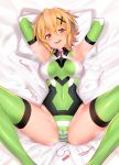  1girl absurdres akatsuki_kirika armpits bed blonde_hair blush bodysuit breasts breasts_apart condom covered_navel covered_nipples green_eyes green_legwear highres looking_at_viewer lying medium_breasts on_back on_bed open_mouth panties pillow senki_zesshou_symphogear sex_toy shiny shiny_clothes shiny_hair shiny_skin short_hair smile solo striped striped_panties thighhighs tongue tongue_out ulrich_(tagaragakuin) underwear upper_teeth vibrator 