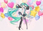  1girl aqua_eyes aqua_hair aqua_nails aqua_neckwear armpits balloon bare_shoulders belt black_legwear black_skirt black_sleeves boots commentary_request contrapposto detached_sleeves grey_shirt hair_ornament hatsune_miku headphones headset heart heart-shaped_balloon highres holding holding_microphone index_finger_raised ixima long_hair looking_at_viewer microphone microphone_stand miniskirt nail_polish necktie one_eye_closed open_mouth outstretched_arm pleated_skirt shirt skirt sleeveless sleeveless_shirt smile solo star star-shaped_balloon thigh_boots thighhighs twintails very_long_hair vocaloid wide_shot zettai_ryouiki 