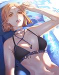  1girl afloat arm_up armpit_crease bikini black_bikini black_survival blue_collar breasts collar collarbone eyebrow_piercing fingernails heart highres looking_at_viewer lying makeup navel nipples on_back orange_eyes orange_hair piercing short_hair solo swimsuit teeth tongue tongue_out upper_body upper_teeth values-of-the-world wet 