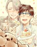  2boys ^_^ amamiya_konatsu black_hair blue-framed_eyewear cake closed_eyes collared_shirt confetti dog eyes_visible_through_hair food fork fruit glasses grin jewelry katsuki_yuuri makkachin male_focus multiple_boys open_mouth plate ring shirt silver_hair smile strawberry sweater turtleneck turtleneck_sweater v viktor_nikiforov yuri!!!_on_ice 