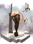  1girl artist_name ass azto_dio bent_over black_legwear blindfold boots breasts censored facing_viewer hairband hand_on_own_ass high_heels highres mole mole_under_mouth mosaic_censoring nier_(series) nier_automata nipples nude parted_lips pod_(nier_automata) pussy ruins short_hair silver_hair sword thigh_boots thighhighs tiptoes weapon yorha_no._2_type_b 