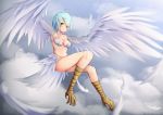  bird_legs blue_hair blush breasts cloud feathered_wings feathers green_eyes harpy head_feathers highres medium_breasts monster_girl multicolored_hair original purple_hair sky tail_feathers talons thighs two-tone_hair umou_(may65879) white_feathers winged_arms wings 