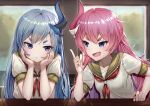  2girls arm_rest asymmetrical_horns blue_eyes blue_hair blush commentary_request ekusufeito fang hand_on_own_cheek head_rest honkai_(series) honkai_impact_3rd index_finger_raised indoors liliya_olenyeva long_hair multiple_girls neckerchief pink_hair purple_eyes rozaliya_olenyeva sailor_collar school_uniform serafuku shiny shiny_hair short_sleeves siblings signature skin_fang thick_eyebrows twins window 