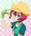  1girl breasts cabbie_hat cherry food fruit gloves green_eyes hat langley_(pokemon) looking_at_viewer mori_hayaki open_mouth pink_hair pokemon pokemon_(anime) short_hair solo 