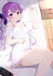  absurdres ahoge aqua_hair bare_shoulders bottomless braid breasts cleavage closed_mouth collarbone commentary french_braid hair_ribbon highres hololive looking_at_viewer lying medium_breasts minato_aqua multicolored_hair nintendo_switch on_back on_bed purple_eyes purple_hair purple_ribbon ribbon shirt smile solo spaghetti_strap streaked_hair thighs toki_(1243309499) twintails virtual_youtuber white_shirt 