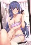  1girl bangs bedroom blush breasts brown_eyes camera_flash cleavage collarbone eyebrows_visible_through_hair fou_zi highres hikawa_kyouka indoors large_breasts long_hair looking_at_viewer mirror parted_lips princess_connect! princess_connect!_re:dive purple_hair reflection self_shot solo underwear 