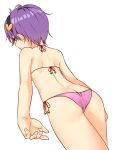  1girl ass bare_arms bare_shoulders bikini black_hairband butt_crack commentary_request cowboy_shot dutch_angle from_behind hair_ornament hairband heart heart_hair_ornament highres komeiji_satori miyo_(ranthath) pink_bikini purple_eyes purple_hair short_hair simple_background solo standing swimsuit thighs touhou white_background 