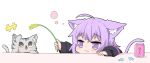  animal animal_ears blush cat cat_smile catgirl drink fang hololive kinka nekomata_okayu purple_eyes purple_hair short_hair tail 