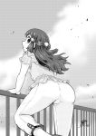  1girl ass breasts closed_mouth cloud gouguru hair_ornament hikari_(pokemon) long_hair looking_at_viewer monochrome pokemon pokemon_(anime) pokemon_dppt_(anime) smile 