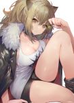  1girl akizone arknights bare_legs black_choker black_footwear black_jacket black_neckwear black_shorts breasts brown_eyes brown_hair candy choker cleavage closed_mouth collarbone food fur-trimmed_jacket fur_trim highres holding holding_food jacket jacket_on_shoulders knee_up large_breasts lion_girl lollipop long_hair looking_at_viewer nail_polish open_clothes open_jacket ponytail serious shorts siege_(arknights) simple_background sitting solo tank_top very_long_hair white_background 