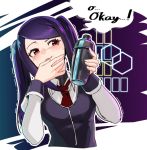  1girl collared_shirt commentary cropped_torso english_commentary english_text holding jill_stingray long_sleeves necktie purple_eyes purple_vest red_eyes red_neckwear seigetsu_kotaku shaker shirt sidelocks sleeve_cuffs smile solo sweat twintails upper_body va-11_hall-a vest 