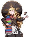  1girl apron belt blonde_hair bow braid charro hair_bow hat highres jacket kirisame_marisa long_hair long_sleeves looking_at_viewer mefomefo mexican mexican_dress mini-hakkero poncho simple_background single_braid skirt smile solo sombrero touhou yellow_eyes 