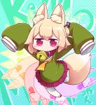  1girl animal_ear_fluff animal_ears arms_up bell bell_collar blonde_hair blush borrowed_character collar commentary_request fox_ears fox_tail full_body green_background green_shirt hair_bun hair_ornament hair_stick kemomimi-chan_(naga_u) long_sleeves looking_at_viewer neckerchief orange_neckwear original pleated_skirt red_eyes red_skirt shirt skirt sleeves_past_wrists tail thighhighs tokkyuu_mikan white_legwear 