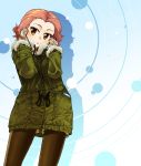  1girl black_legwear blue_background brown_eyes brown_shorts casual coat cowboy_shot fur-trimmed_coat fur_trim girls_und_panzer gloves green_coat grey_gloves head_tilt highres legwear_under_shorts looking_at_viewer medium_hair pantyhose parted_lips r-ex red_hair rosehip_(girls_und_panzer) shadow short_shorts shorts solo standing 