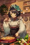  1girl :t artist_name bangs black_bow black_hair black_skirt bow breasts candle character_request closed_mouth commentary cookie dragalia_lost eating english_commentary eyebrows_visible_through_hair fire food frying_pan garlic green_eyes grey_kimono hair_ornament hentaki high-waist_skirt highres holding holding_spoon indoors japanese_clothes kimono kitchen long_sleeves short_hair skirt small_breasts smile solo spoon striped vertical-striped_skirt vertical_stripes watermark web_address 
