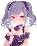  1girl :o blush breasts cleavage commentary cravat detached_collar drill_hair grey_hair highres idolmaster idolmaster_cinderella_girls kanzaki_ranko karu_a_miruku large_breasts looking_at_viewer red_eyes simple_background solo twin_drills twintails upper_body white_background wrist_cuffs 