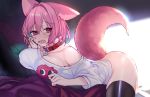  animal_ears ass blush breasts collar idolmaster idolmaster_cinderella_girls nopan pink_eyes pink_hair ryuuno6 tail thighhighs yumemi_riamu 