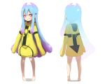  1girl absurdres bangs barefoot blue_hair drawstring gradient_hair grin highres hood hood_down hoodie hoodie_dress idaten93 long_hair long_sleeves looking_at_viewer multicolored_hair multiple_views original purple_eyes purple_hair shadow sharp_teeth sleeves_past_wrists smile standing symbol-shaped_pupils teeth turnaround very_long_hair white_background x-ray yellow_hoodie 