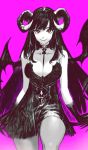  1girl bangs bare_shoulders between_breasts black_dress black_hair breasts collar collarbone demon_girl demon_tail demon_wings dress fingernails greyscale highres horns jun_(seojh1029) long_fingernails long_hair monochrome original parted_lips purple_background red_eyes sharp_fingernails simple_background slit_pupils smile solo spot_color steam succubus tail very_long_fingernails wings 