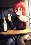  1girl alcohol bangs bare_shoulders black_shirt blush bottle closed_mouth collarbone commentary commission cup drinking_glass english_commentary eyebrows_visible_through_hair floral_print glint hair_between_eyes highres holding holding_cup indoors jewelry nose_blush off_shoulder on_chair original pendant print_skirt prophosphere red_eyes red_hair rose_print shirt sitting skirt smile solo table unmoving_pattern white_skirt window wine_glass 