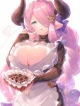  :p apron bangs blue_eyes bow box_of_chocolates braid breasts chocolate cleavage cleavage_cutout draph finger_to_mouth frilled_apron frills granblue_fantasy hair_bow hair_ornament hair_over_one_eye heart heart-shaped_pupils highres holding honyaru_(nanairo39) horns large_breasts lavender_hair long_hair narmaya_(granblue_fantasy) pointy_ears solo symbol-shaped_pupils tongue tongue_out twin_braids twintails white_apron white_background 
