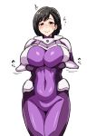  1girl bangs black_hair blush bodysuit breast_hold breasts brown_eyes cameltoe kanata_no_astra large_breasts mole mole_under_mouth parted_bangs purple_bodysuit short_hair simple_background solo tawashi1623 white_background yunhua_lu 