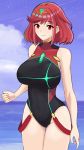  1girl bangs bare_arms bare_shoulders breasts cloud covered_navel desspie eyebrows_visible_through_hair highres homura_(xenoblade_2) huge_breasts looking_at_viewer one-piece_swimsuit red_eyes red_hair sky smile solo swept_bangs swimsuit water xenoblade_(series) xenoblade_2 