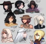  6+girls anri_of_astora black_eyes black_hair black_headwear blonde_hair blue_eyes blush braid braided_bun bright_pupils brown_hair circlet dark_souls_iii daughter_of_crystal_kriemhild empty_eyes fang frown glowing glowing_eyes great_swamp_cuculus green_eyes green_hair green_pupils grey_background grey_eyes grey_hair hair_between_eyes hat highres hood hood_up irina_of_carim jewelry karla_the_witch looking_at_viewer madwoman_(dark_souls) multicolored multicolored_eyes multiple_girls parted_lips ponytail portrait red_eyes ring robe scar scathegrapes shoulder_armor sidelocks sideways_mouth signature simple_background sirris_of_the_sunless_realms skin_fang smile souls_(from_software) spaulders white_eyes white_hair witch_hat yellowfinger_heysel yuria_of_londor 