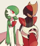  bisharp black_eyes closed_mouth creature eye_contact frown gardevoir gen_3_pokemon gen_5_pokemon looking_at_another no_humans pokemon pokemon_(creature) red_eyes shiwo_(siwosi) simple_background smile standing upper_body white_background 