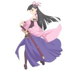  1girl :| absurdres armor artist_request bangs black_hair blunt_bangs closed_mouth commentary_request detached_sleeves dress faulds from_behind frown full_body hair_ornament highres holding holding_sword holding_weapon itai_no_wa_iya_nano_de_bougyoryoku_ni_kyokufuri_shitai_to_omoimasu japanese_armor japanese_clothes kasumi_(bofuri) katana legs_apart long_hair looking_back official_art pink_shirt purple_dress rope sheath sheathed shirt sleeveless sleeveless_shirt solo standing sword transparent_background v-shaped_eyebrows weapon wide_sleeves 