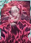  1girl akkijin armpits arms_up bare_shoulders breasts burning calamity_(shinkai_no_valkyrie) card_(medium) cleavage collarbone dark_persona energy_ball fire glowing glowing_eyes hair_ornament long_hair looking_at_viewer medium_breasts official_art red_eyes sad shinkai_no_valkyrie silver_hair torn_clothes 