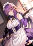  1girl :o alternate_costume apron black_legwear black_ribbon blush breasts cleavage commentary_request detached_sleeves dutch_angle enmaided fate/grand_order fate_(series) garter_straps hand_on_own_chest harimoji highres indoors large_breasts long_hair looking_at_viewer maid maid_headdress neck_ribbon purple_hair red_eyes ribbon scathach_(fate)_(all) scathach_skadi_(fate/grand_order) solo thighhighs tray 