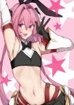  1boy absurdres arm_up armpits astolfo_(fate) astolfo_(saber)_(fate) bangs bare_shoulders belt black_bow black_gloves black_neckwear black_ribbon black_shirt black_skirt blush bow bowtie crop_top detached_sleeves elbow_gloves fang fate/grand_order fate_(series) faulds gloves hair_between_eyes hair_bow hair_intakes hair_ribbon hand_up highres long_hair looking_at_viewer low_twintails midriff multicolored_hair nanakaku navel open_mouth otoko_no_ko pink_background pink_hair purple_eyes ribbon shirt skin_fang skirt smile solo star starry_background streaked_hair twintails two-tone_background w white_background white_hair wing_collar 