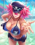  1girl alternate_costume bikini blue_bikini blue_eyes blue_shorts breasts cleavage commentary_request day final_fight hair_between_eyes hand_on_hip hat highres holding_whip huge_breasts leaning_forward lips looking_at_viewer micro_shorts nail_polish outstretched_hand peaked_cap pink_hair poison_(final_fight) police_badge police_hat pov shorts solo street_fighter street_fighter_v sweat swimsuit takahito whip 