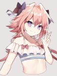  1boy astolfo_(fate) bangs bare_shoulders bikini black_bow blue_bikini_top blush bow braid closed_mouth collarbone fang fate/apocrypha fate/extella fate/extra fate_(series) frilled_bikini frills grey_background hair_intakes hand_up long_braid long_hair looking_at_viewer multicolored_hair otoko_no_ko pink_hair purple_eyes simple_background single_braid skin_fang smile solo streaked_hair swimsuit w white_hair xoaiu 