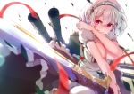  1girl azur_lane bangs blush breasts choker cleavage collarbone dress eyebrows_visible_through_hair hair_between_eyes imo_bouya lace-trimmed_hairband large_breasts looking_at_viewer puffy_sleeves red_eyes short_hair short_sleeves sirius_(azur_lane) sword thighhighs turret weapon white_dress white_hair 