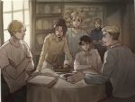  2girls 4boys androgynous ascot beard black_eyes black_hair blonde_hair blue_eyes brown_hair chair closed_eyes closed_mouth collared_shirt dress dress_shirt erwin_smith facial_hair food glasses handkerchief hange_zoe happy highres laughing levi_(shingeki_no_kyojin) long_hair messy_hair mike_zakarius moblit_berner multiple_boys multiple_girls mustache nanaba open_eyes open_mouth oversized_clothes pi0w0pi ponytail reverse_trap shingeki_no_kyojin shirt short_hair sitting smile standing sundress t-shirt table talking thick_eyebrows tied_hair tomboy tray undercut 