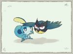  ^_^ bird blue_eyes border closed_eyes creature flying full_body gen_8_pokemon grey_border happy looking_at_another no_humans pokemon pokemon_(creature) rookidee sad shiwo_(siwosi) simple_background sobble standing white_background 