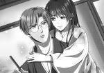  1boy 1girl black_hair blush derivative_work glasses grey_hair greyscale hetero hug indoors izumi_(stardustalone) japanese_clothes kimono long_hair looking_at_another monochrome renri_no_chigiri_wo_kimi_to_shiru standing 