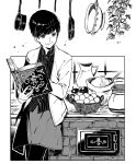  1girl basket book brick_oven closed_mouth fingernails greyscale holding holding_book jar kaworu_(kaw_lov) leaning monochrome open_book original oven plant pot sack short_hair signature skirt smile solo 