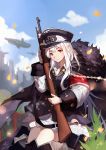  0qianben0 1girl armband bangs black_dress blue_sky blurry blurry_background bolt_action chinese_commentary commentary_request cowboy_shot day dress fur_trim girls_frontline gun hat highres holding holding_gun holding_weapon kar98k_(girls_frontline) long_hair looking_at_viewer mauser_98 outdoors peaked_cap red_eyes rifle short_dress signature sky smile solo weapon white_hair 