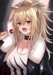  1girl absurdres animal_ears arknights bangs black_choker black_jacket blonde_hair blush breasts brown_eyes candy choker cleavage commentary eyebrows_visible_through_hair fang food fur-trimmed_jacket fur_trim hair_between_eyes hand_up highres holding holding_food jacket large_breasts lion_ears lollipop long_hair looking_at_viewer open_clothes open_jacket open_mouth siege_(arknights) solo tank_top taryo upper_body white_tank_top 