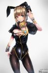  1girl akaha_06 bangs between_fingers black_legwear blue_eyes breasts brown_hair bunnysuit commentary_request final_fantasy final_fantasy_xiv highres large_breasts white_background 