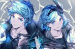  1boy 1girl anniversary bangs black_hairband black_shirt blue_eyes blue_hair closed_mouth collarbone commentary_request djeeta_(granblue_fantasy) earrings eyebrows_visible_through_hair gran_(granblue_fantasy) granblue_fantasy grey_background grey_jacket hair_ornament hairband highres jacket jewelry milli_little open_clothes open_jacket parted_lips shirt smile stud_earrings swept_bangs upper_body v-shaped_eyebrows 