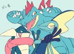  claws creature feraligatr gen_2_pokemon gen_6_pokemon gen_8_pokemon greninja inteleon no_humans pokemon pokemon_(creature) red_eyes sharp_teeth shiwo_(siwosi) simple_background teeth tongue tongue_out upper_body v w white_background yellow_eyes 