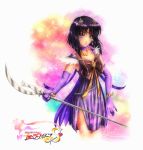  1girl alexandra_mae bangs banned_artist bishoujo_senshi_sailor_moon black_hair black_neckwear blush choker closed_mouth collarbone copyright_name cowboy_shot dress earrings elbow_gloves gloves hair_between_eyes hair_ornament holding holding_spear holding_weapon jewelry long_hair looking_at_viewer polearm purple_dress purple_eyes purple_gloves sailor_saturn shiny shiny_hair short_dress side_slit sleeveless sleeveless_dress solo sparkle spear standing weapon white_background 